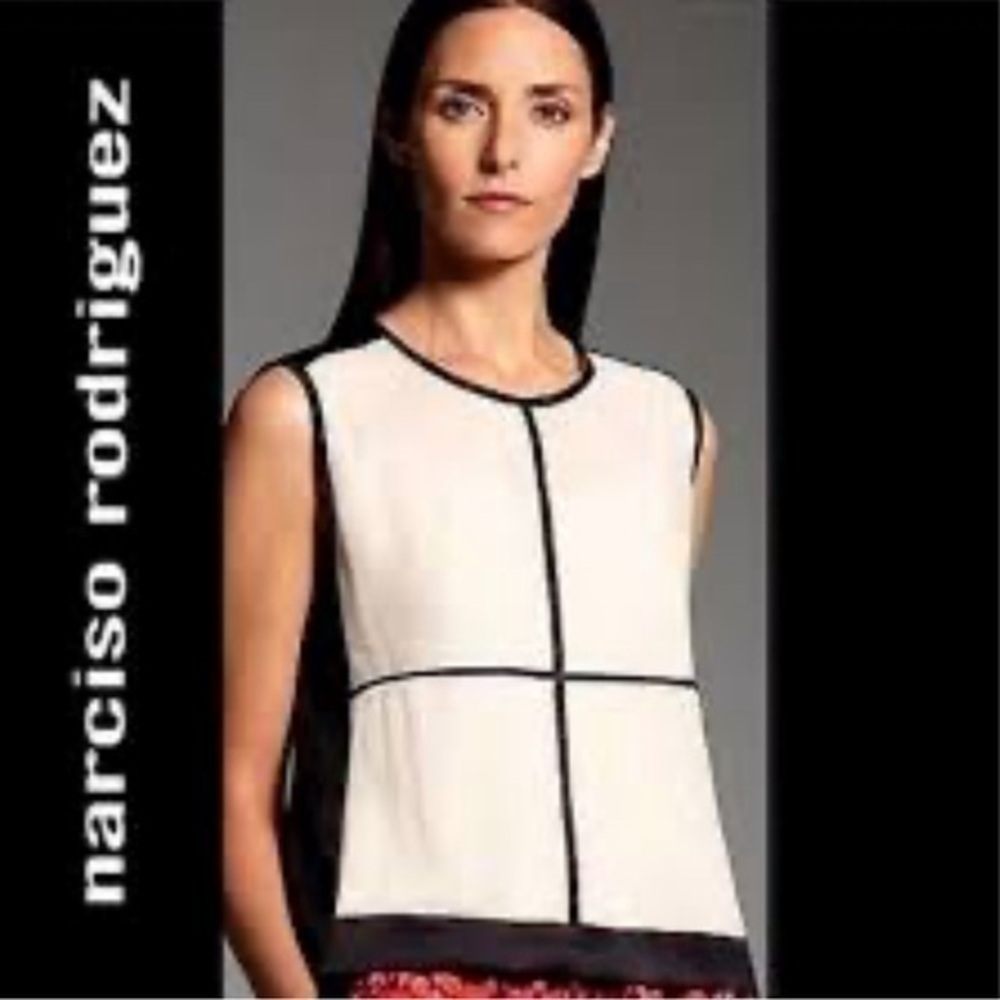 Narciso Rodriguez, sleeveless, sheer cream, black blouse, size small